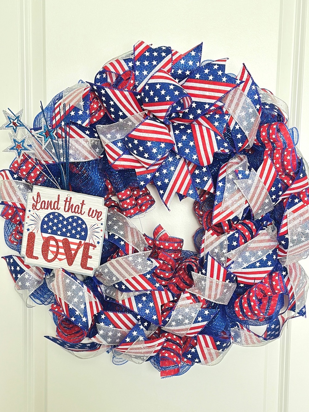 Patriotic Stars & Stripes Deco Mesh Wreath | 26” July 4th Door Decor USA Sign